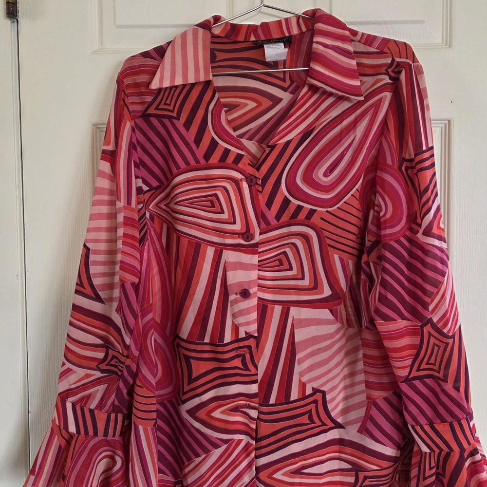 Ashley Stewart Geometric Pink & Red Button-Down Blouse